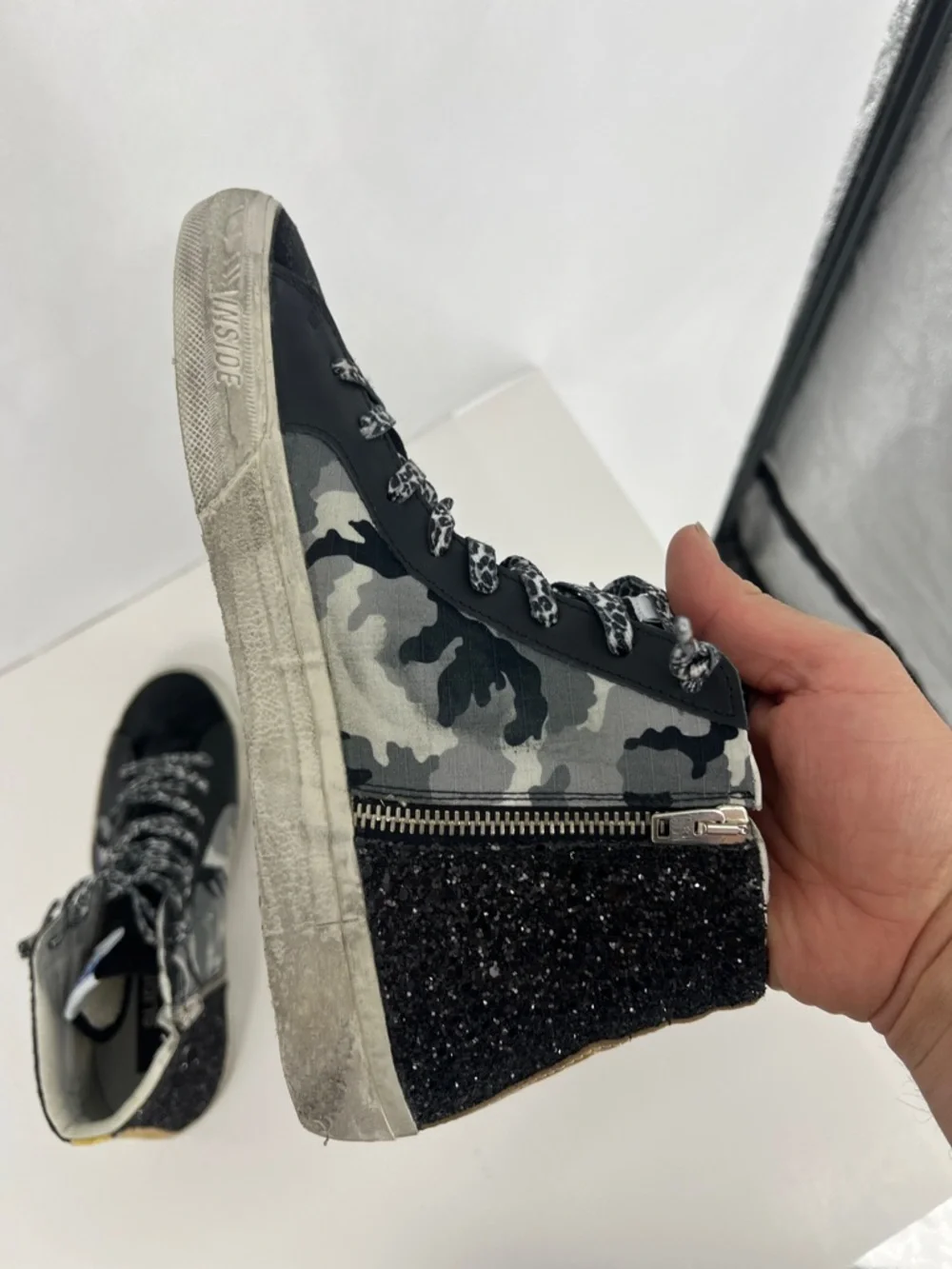Golden Goose Slide camo glitter High-Top Sneakers in Black, Gray & Purple